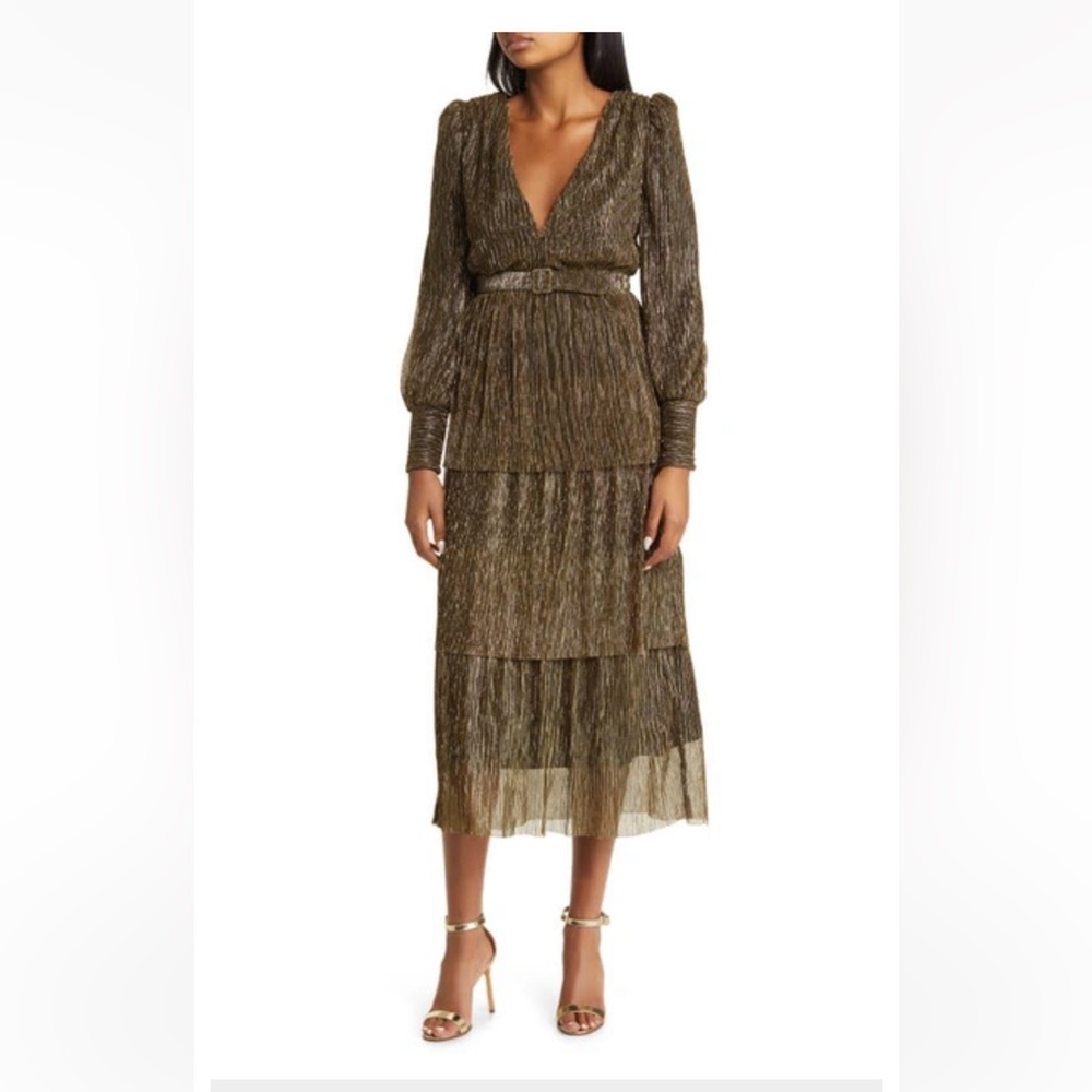 Jewel Badgley Mischka Gold Tiered Women's Midi Evening Dress size 10